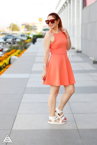 Coral skater dress, Greek fashion blogger