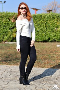 White off-the-shoulder top for winter - long choker - outfit